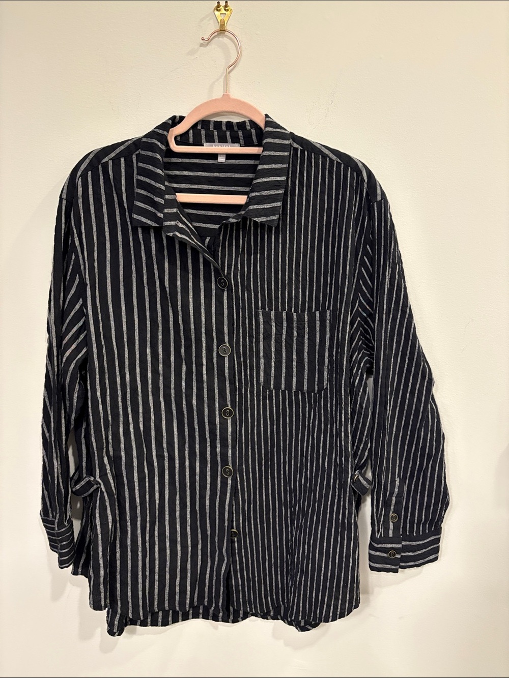 Habitat Black and Gray Striped Button-Up Shirt large boho Lagenlook